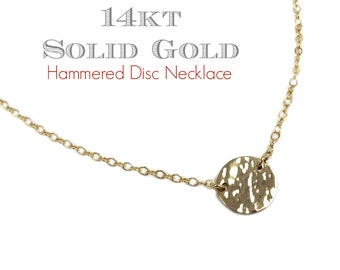 14K Hammered Disc Necklace | Stationary Coin Pendant | Solid Gold Textured Circle Design
