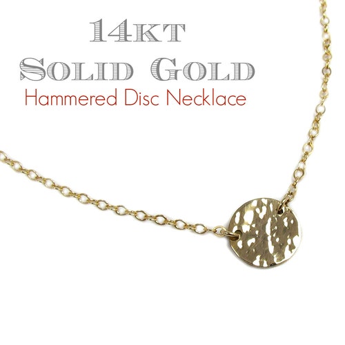 14K Solid Gold Hammered Disc Necklace * Hammered Circle * Textured Disc Station Necklace * Hammered Disc Pendant * Solid 14K Yellow Gold