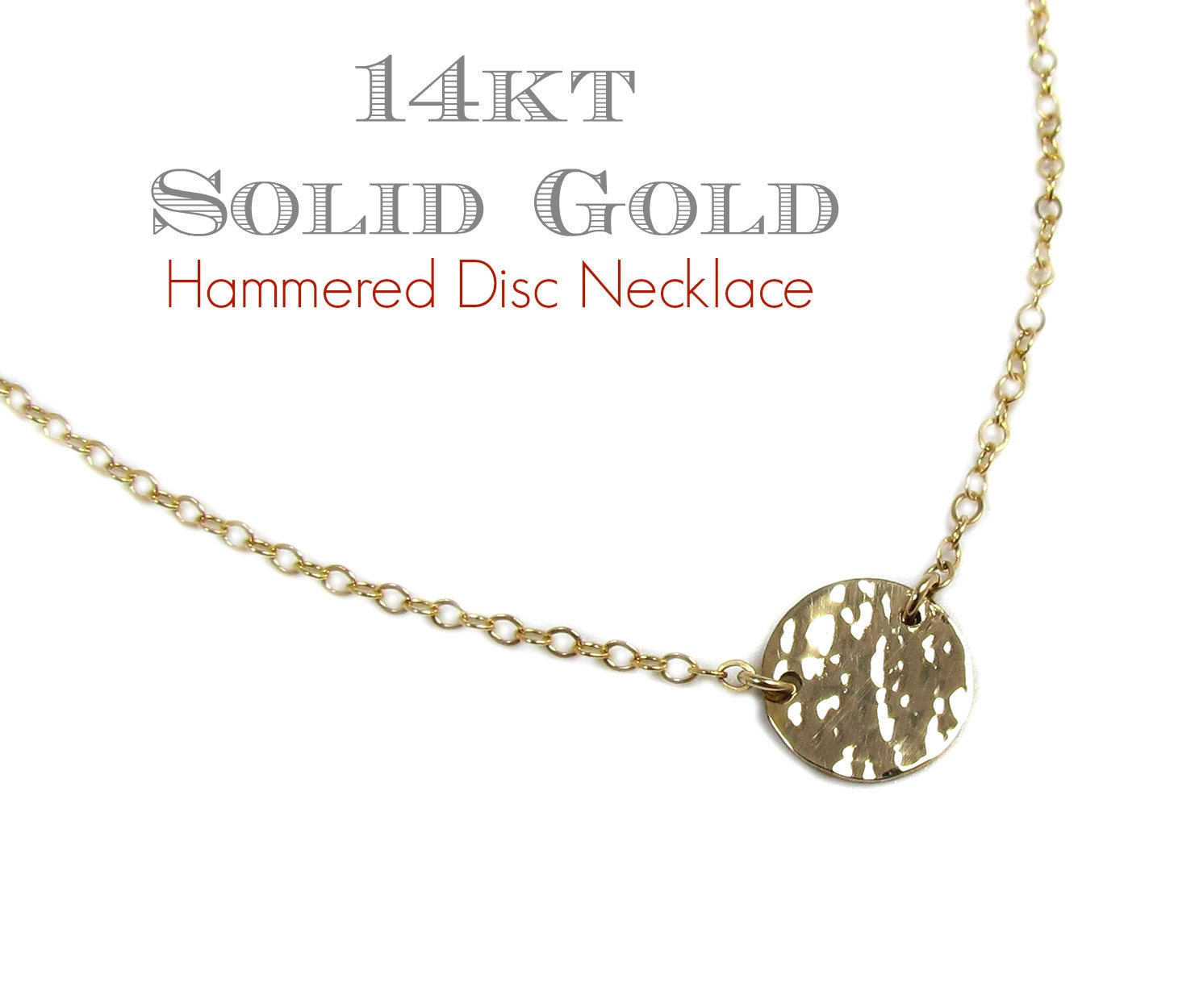 14K SOLID Gold Hammered Disc Necklace 