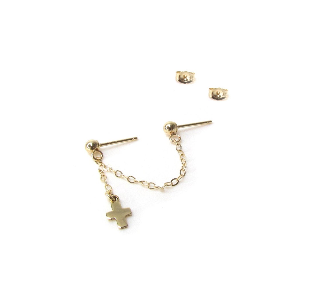14K Cross Chain Earrings Solid Gold Double Piercing Earring Etsy