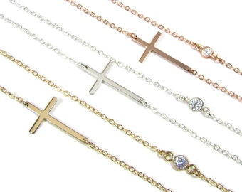 Sideways Cross Necklace with Bezel Set Simulated Diamond • Horizontal Cross Necklace • Cross Necklace • Religious Gift