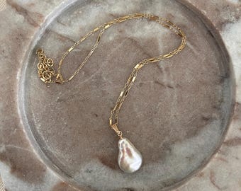 Baroque Pearl Necklace | 14k Gold Filled or Sterling Silver | Teardrop Pendant