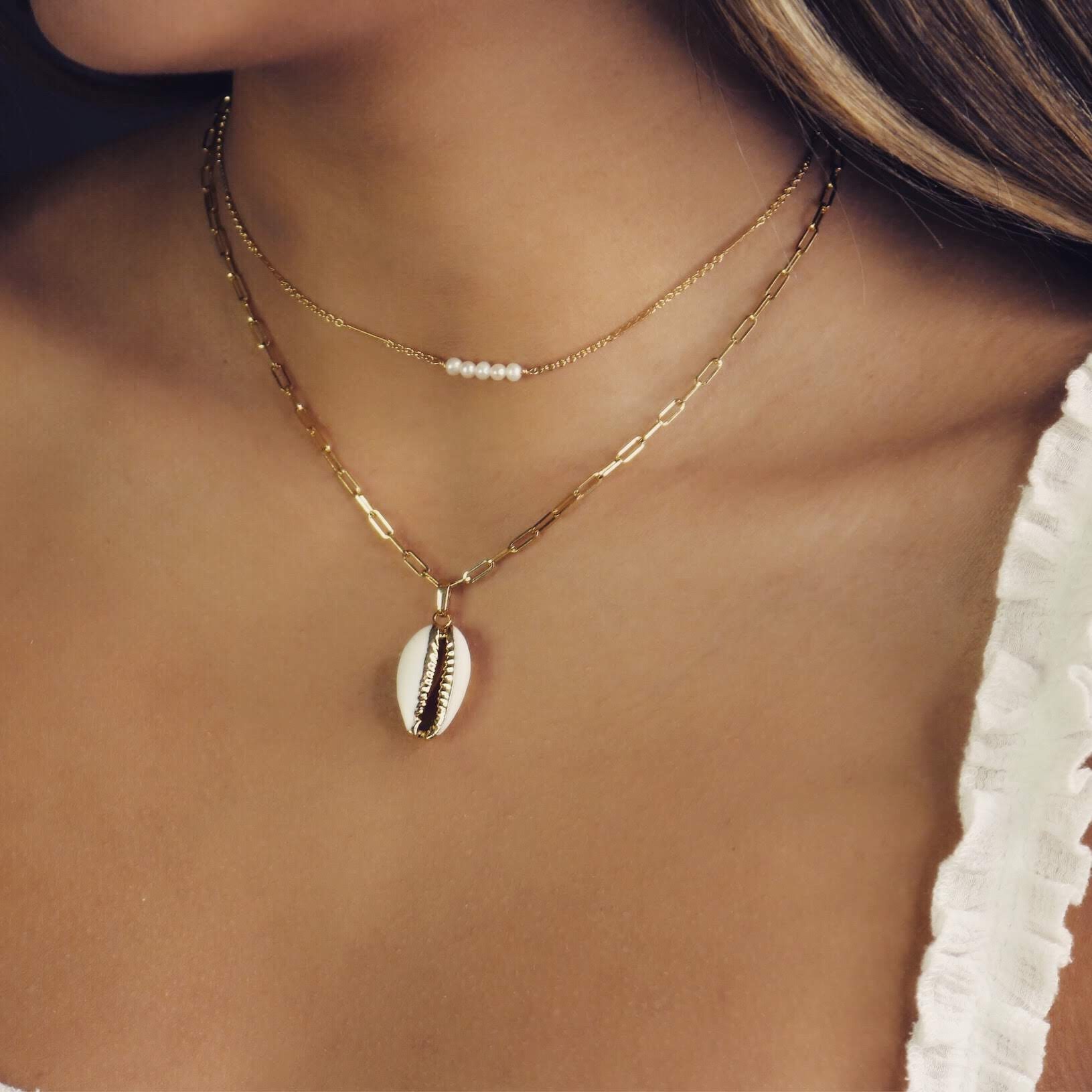 Cowrie Shell Necklace Gold Dipped Shell On Rectangle Chain Etsy