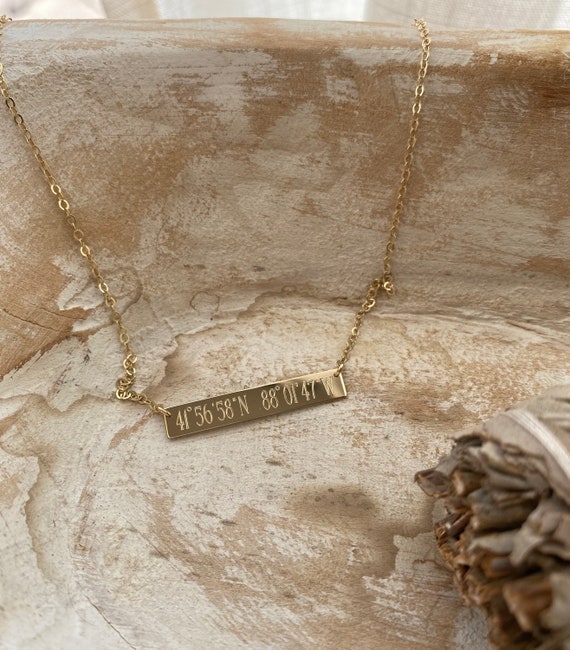 14K GPS COORDINATES Necklace Solid Gold GPS Location Bar Necklace