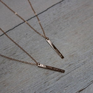 14KT SOLID GOLD Small Vertical Bar Necklace, Dangling Polished Bar Necklace in 14Kt Solid Yellow Gold, White Gold and Rose Gold