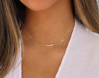 Pearl Choker Necklace • Freshwater Pearl Bar Layering Chain • Gold Filled Pearl Bar Necklace • Delicate Pearl Choker • Gemstone Bar