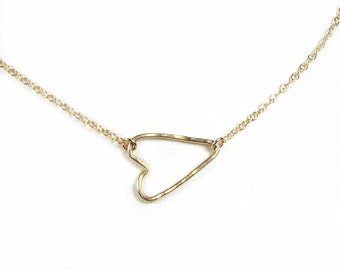 Sideways Heart Necklace • Hammered Heart Necklace • Gold Side Heart Necklace •  Open Heart Necklace •14kt gold filled