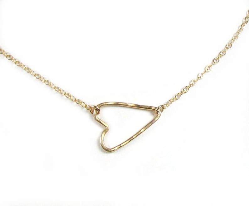 Sideways Heart Necklace Hammered Heart Necklace Gold Side Heart Necklace Open Heart Necklace 14kt gold filled image 1