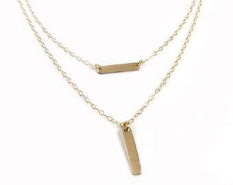 Tiny Bar Layered Necklace Set, Vertical and Horizontal Bar Necklaces -- Gold Filled, Rose Gold or Sterling Silver