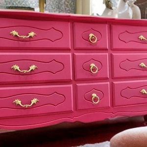 Dresser Pink French Provincial | Vintage 9-Drawer Solid Wood | Matte Finish & Gold Pulls | Refinished Statement Piece
