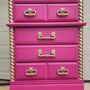 Dresser Vintage Hot Pink with Gold Trim | Refinished Glam Diva Queen Furniture | Hollywood Regency