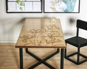Miniature wooden table with engraved flowers, scale 1:12, miniatures of furniture and accessories