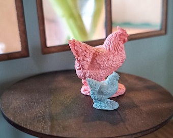 Miniature hen figurines; miniature furniture and accessories, dollhouse decoration