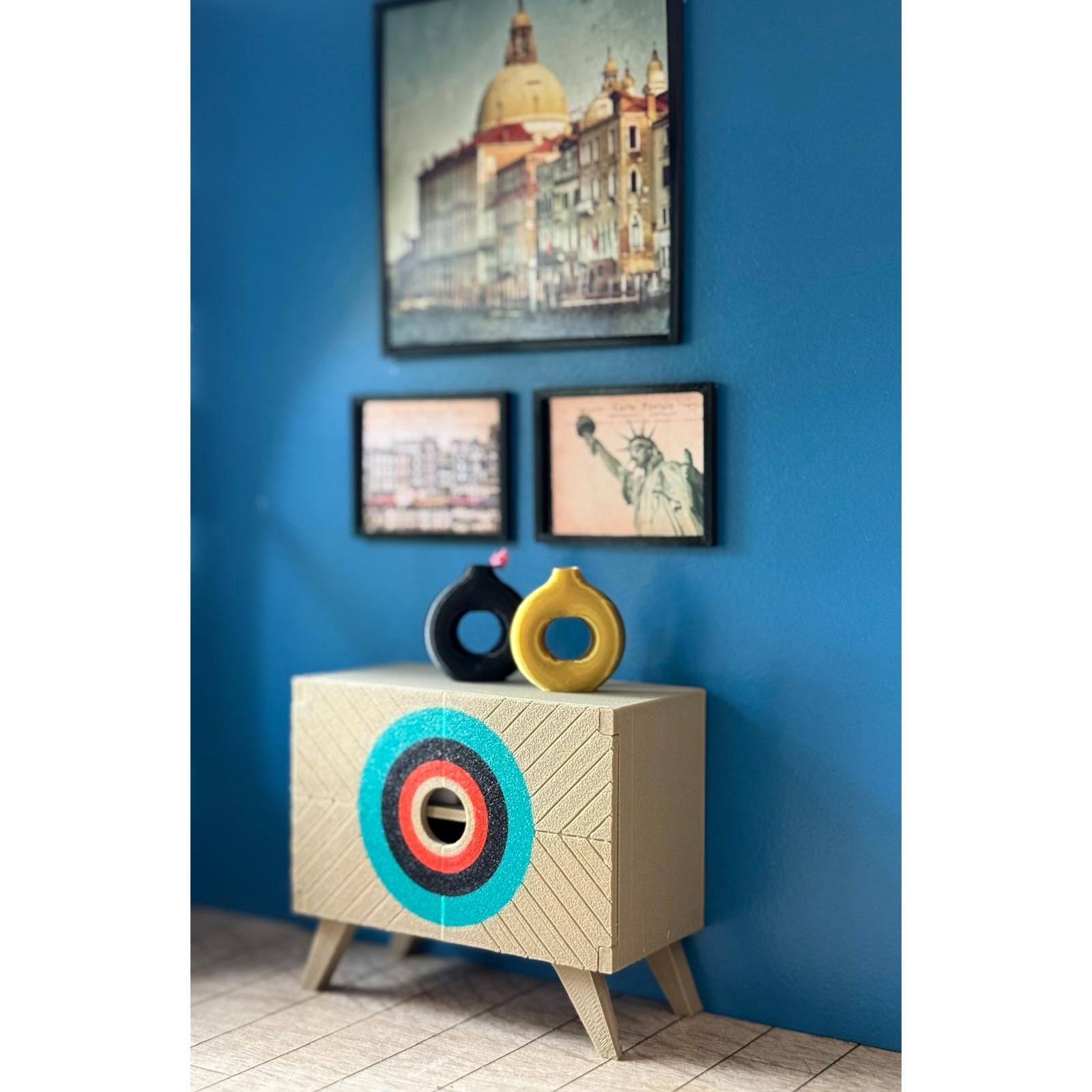 Miniature chest of drawers with colorful fronts, scale 1:12, miniature furniture and accessories, dollhouse decoration