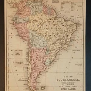 Carte ancienne de l'Amérique du Sud colorée à la main, 1882 par S.A. Mitchell
