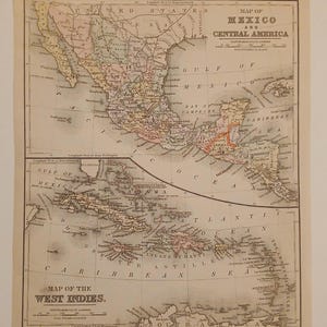Carte ancienne du Mexique et des Antilles colorées à la main, 1887 par Cowperthwait & Co.