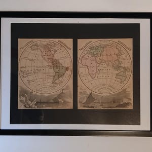 Carte colorée à la main encadrée de 1858 des hémisphères est et ouest par G. White, ancienne