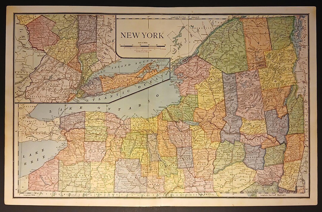 Antique 1885 Beautifully Colored Map of New York State by James ...