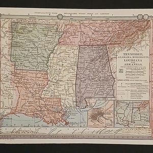 Antike bunte Karte von 1885 der Südstaaten von Arkansas, Louisiana, Tennessee, Alabama und Mississippi von Monteith