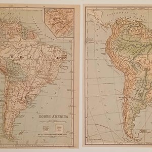 May include: Two antique maps of South America are displayed side-by-side. The maps are printed in shades of brown and beige, with detailed geographical features. The title "South America" is visible on both maps, along with smaller inset maps.