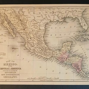 Ancienne carte colorée à la main du Mexique et de l'Amérique centrale de 1882 par S. A. Mitchell