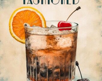 Könnte beinhalten: Eine Illustration eines Old Fashioned Cocktails mit einer Orangenscheibe und einer Kirschengarnitur. Das Getränk befindet sich in einem Tumbler mit Eis und einer braunen Flüssigkeit. Der Hintergrund ist ein Vintage-Zeitungsdruck.