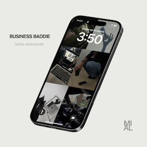 Puede incluir: Un teléfono inteligente negro muestra un tablero de visión digital con el texto "BUSINESS BADDIE" y "DIGITAL VISION BOARD". La pantalla muestra un collage de imágenes, incluyendo un portátil, una persona sosteniendo una taza y un interior de coche. La hora en la pantalla es 3:50.