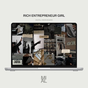 Sfondo di manifestazione per laptop – Vision Board di una ragazza imprenditrice ricca – Sfondo collage estetico – Affermazione di uno stile di vita di lusso