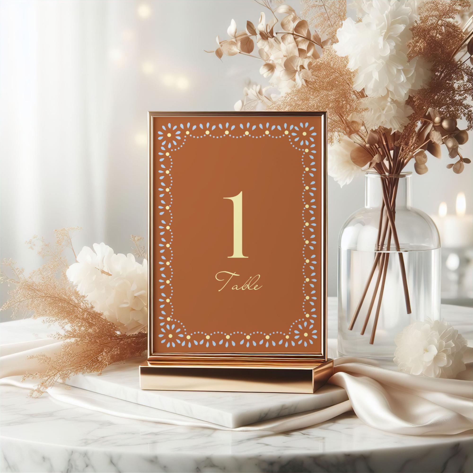 Terracota and Blue Table Number Signs, Table Setting Template Card ...