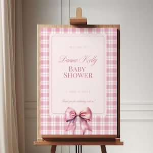 Babyparty Willkommensschild, Mädchen-Babyparty-Dekor, rosa Karo und Schleife, klassischer Cottage-Stil, bearbeitbare Canva-Vorlage, B01P