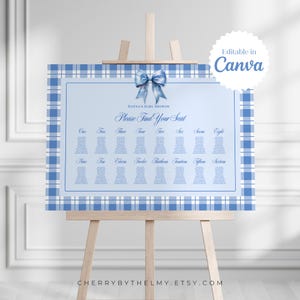 de Plan de salle à manger écossais bleu | Orientation paysage | Toile modifiable | Élégante baby shower à l'ancienne | B01B