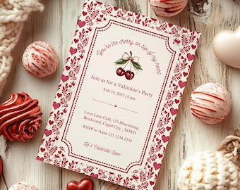 Cherry on Top Galentine's Day Invitation, Editable Cherry Valentine's Party Invite, Cherry Themed Party, Instant Download Template