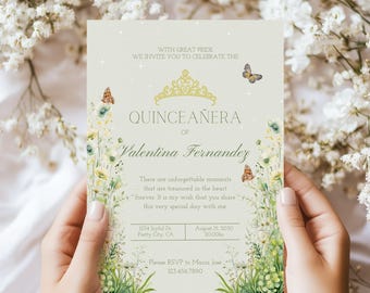 Whimsical Green Quinceanera Invitation Template, Editable Princess Birthday evite, Enchanted Fairy Tale party, Meadow Florals, XV01