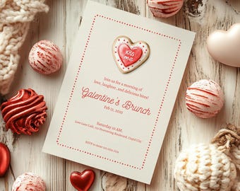 Galentine's Brunch Invitation, Valentine's Day Party, Editable Valentine Party DIY, Heart Cookie Valentine’s, Sweet Invite, Canva template
