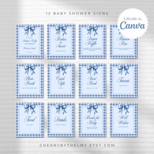Set di 12 cartelli per baby shower a quadri blu / Modelli Canva / Mimosa Bar, Lotteria dei pannolini, Cibo e bevande / Stile Old Money / B01B