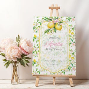Plantilla de Canva para letrero de bienvenida de baby shower con limonada rosa, temática floral amarilla y rosa, letrero editable para baby shower de niña, B06