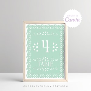 Table Number Card | Editable Canva Template | Mexican Pastel Papel Picado Design | Baby Shower Fiesta Printable Sign | B07