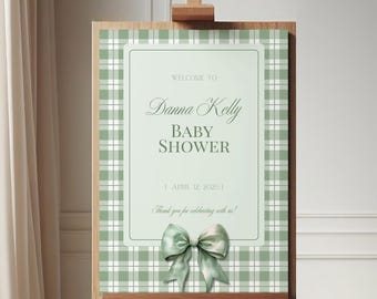 Cartello di benvenuto per baby shower, decorazione neutra per baby shower, verde salvia, stile cottage classico, modello Canva modificabile, B01G