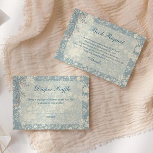 Ensemble de cartes pour baby shower bleu toile, tombola de couches, demande de livre et carte de remerciement, modèle de toile modifiable, denim floral, B04
