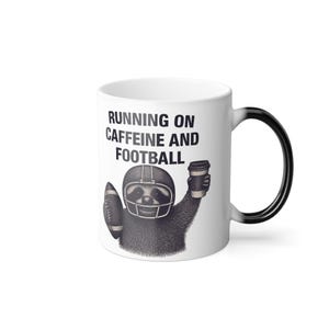 Mug, sloth holding coffee cup and football, Color Changing Cup, Ceramic Mug, Unique Gift, Funny Coffee Mug, Animal Lover Gift, Heat