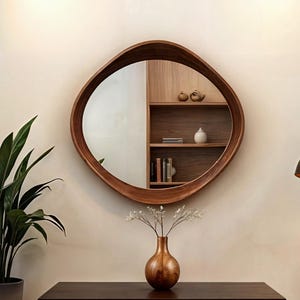 Mid Century  Wooden Wall Mirror, Bathroom Walnut Frame Mirror, Circle Wood Mirror, Round Oak Wall Mirror, Entryway Natural Mirror