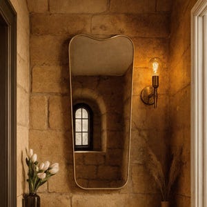 Puede incluir: Un espejo largo con marco dorado cuelga de una pared de piedra texturizada, reflejando una ventana. Debajo del espejo hay un mueble gris con dos cajones, un jarrón con flores blancas y una lámpara decorativa. La habitación tiene un ambiente cálido.