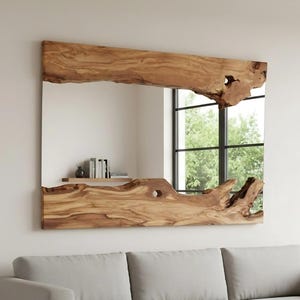 Natural Edge Mirror, Real Wood Mirror for Bathroom, Mid Century Rectangular Mirror, Wooden Frame Aesthetic Mirror, Gift for New Bathroom