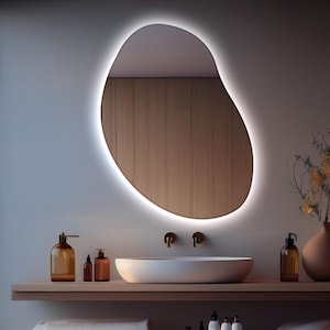 Bathroom Led Mirror, Backlit bean mirror, Asymmetrical Entryway Mirror, Modern Irregular Wall Mirror, A Unique Design For Your Bathroom