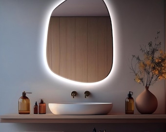 Ledspiegel, badkamerspiegel, halspiegel, asymmetrische spiegel, esthetische spiegel, onregelmatige spiegel, moderne wandspiegel, led vloerspiegel