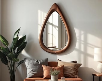Espejo de madera RainDrop, espejo de baño natural, espejo ovalado de madera, espejo de pared de mediados de siglo, espejo con marco de nogal, espejo moderno estético