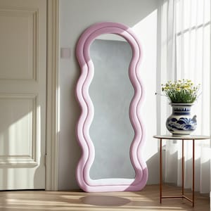 Teddy Framed Long Mirror, Fluffy Irregular Tall Mirror for Dressing Room, Full Length Squiggle  Velvet Mirror, Full Body Wave Fabric Mirror
