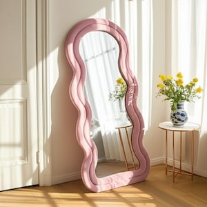Full Length Squiggle  Velvet Mirror, Full Body Wave Fabric Mirror, Teddy Framed Long Mirror, Fluffy Irregular Tall mirror for Dressing Room