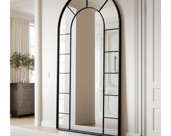 Arched Window Full Length Mirror, Arch Irregular Long Mirror, Window Pane Mirror for Farmhouse, Full Body Wall Mirror, Geometric Window Art