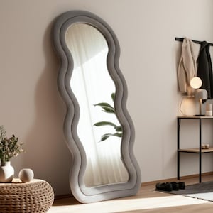 Fluffy Irregular Tall Mirror for Dressing Room, Full Length Squiggle  Velvet Mirror, Full Body Wave Fabric Mirror, Teddy Framed Long Mirror